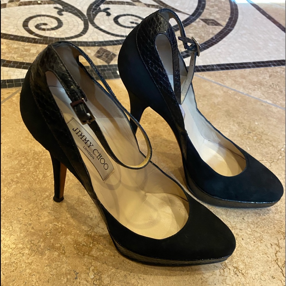 Jimmy Choo Suede/Water Snake Black Heels